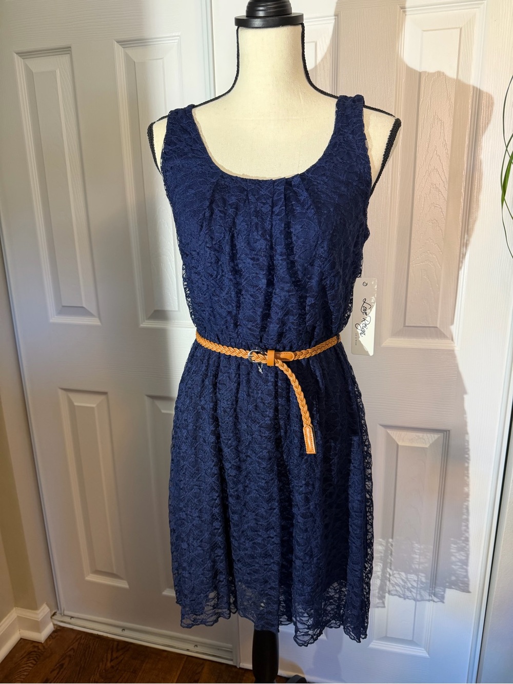 Love Reign Navy Lace Midi Dress with Tan Braided Belt